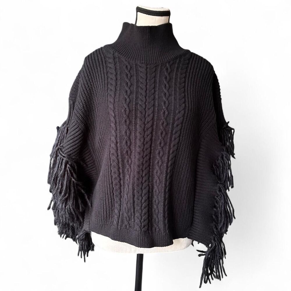 Velvet Heart Women's Black mock neck sleeveless fringe knit sweater XS